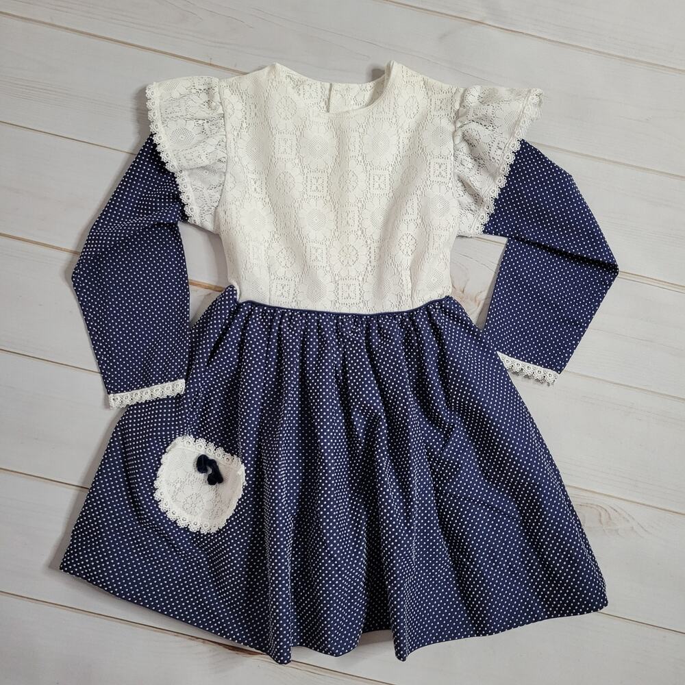 Vintage Loves Blue & White Swiss Dot Pinafore Long Sleeve Dress, Size 6X